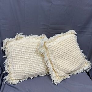 Set of 2 Vintage Handmade Knit Throw Pillows Cream Fringe Boho Crochet Farmhouse